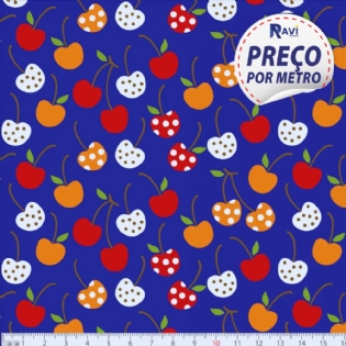 TECIDO TRICOLINE ESTAMPADA 100% ALGODÃO NOVA COLEÇÃO CEREJA FUNDO AZUL ROYAL D5091 V02