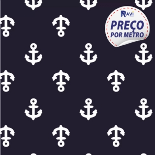 TECIDO TRICOLINE ESTAMPADA 100% ALGODÃO ANCORA BRANCO FUNDO MARINHO D1078 V605