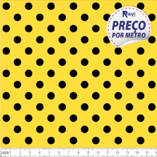 TECIDO TRICOLINE ESTAMPADA 100% ALGODÃO BOLA POÁ GRANDE AMARELO COM PRETO D1554 V114