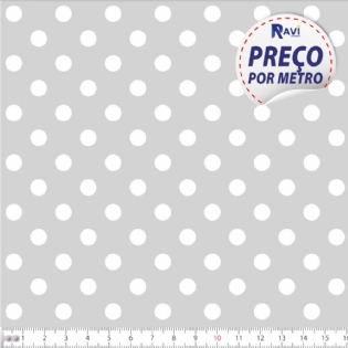 TECIDO TRICOLINE ESTAMPADA 100% ALGODÃO BOLA POÁ GRANDE CINZA COM BRANCO D1554 V091