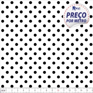 TECIDO TRICOLINE ESTAMPADA 100% ALGODÃO BOLA POÁ MÉDIA BRANCO COM PRETO D1039 V103