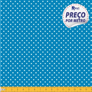 TECIDO TRICOLINE ESTAMPADA 100% ALGODÃO BOLA POÁ PEQUENA AZUL COM BRANCO D1001 V094