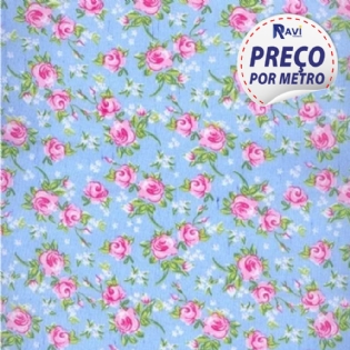 TECIDO TRICOLINE ESTAMPADA 100% ALGODÃO FLORAL MIOSÓTIS AZUL COM ROSA V03