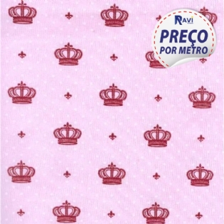 TECIDO TRICOLINE ESTAMPADA 100% ALGODÃO COROA IMPERIAL COM POÁ ROSA V01