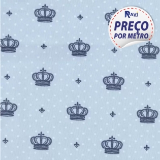 TECIDO TRICOLINE ESTAMPADA 100% ALGODÃO COROA IMPERIAL COM POÁ AZUL V02