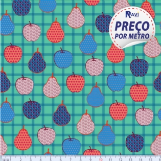 TECIDO TRICOLINE ESTAMPADA 100% ALGODÃO NOVA COLEÇÃO MAÇA FUNDO XADREZ VERDE/PETROLEO D8076 V02