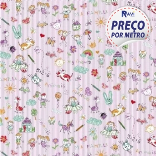 1 TRICOLINE ESTAMPADA MASCARENHAS NOVA COLEÇÃO INFANTIL AMIGOS LISTRADO ROSA D2916 V1