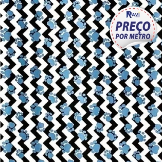 TECIDO TRICOLINE ESTAMPADA 100% ALGODÃO CHEVRON MÉDIO PRETO PATA CACHORRO PET D3298 V18