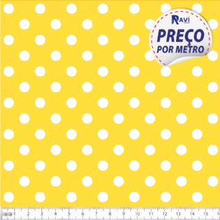 TECIDO TRICOLINE ESTAMPADA 100% ALGODÃO BOLA POÁ GRANDE AMARELO COM BRANCO D1554 V134