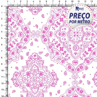 TECIDO TRICOLINE ESTAMPADA 100% ALGODÃO BANDANA BRANCO COM ROSA D2272 V58