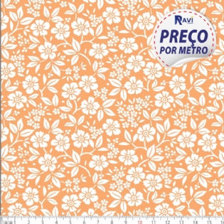 TECIDO TRICOLINE ESTAMPADA 100% ALGODÃO NOVA COLEÇÃO FLORAL BRANCO FUNDO LARANJA D1319 V143