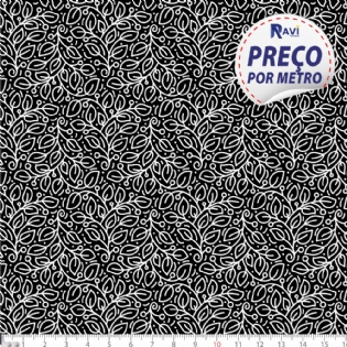 TECIDO TRICOLINE ESTAMPADA 100% ALGODÃO NOVA COLEÇÃO FLORAL BRANCO FUNDO PRETO D1316 V104