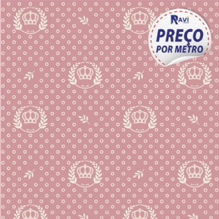 TECIDO TRICOLINE ESTAMPADA 100% ALGODÃO COROA ROSA VELHO COM BRANCO D1169 V130