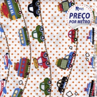 TECIDO TRICOLINE ESTAMPADA 100% ALGODÃO CARROS VERMELHO COM MARINHO D518