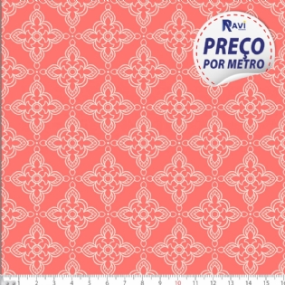 TECIDO TRICOLINE ESTAMPADA 100% ALGODÃO NOVA COLEÇÃO GEOMÉTRICO CORAL COM PEROLA D1335 V145