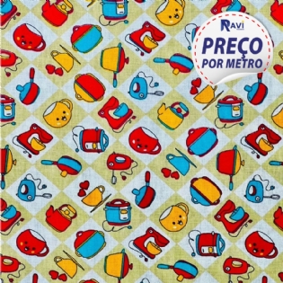 1 TRICOLINE ESTAMPADA MASCARENHAS  NOVA COLEÇÃO 100% ALGODÃO PANELA VERMELHO XADREZ BEGE D2956 V02