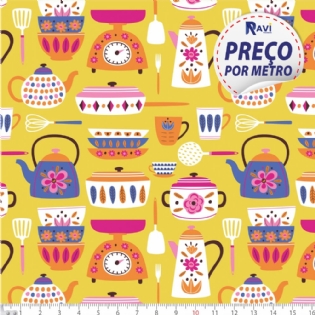 TECIDO 1 TRICOLINE ESTAMPADA 100% ALGODÃO COLEÇÃO NOVA COZINHA GARDEN  PANELA D6196 V2
