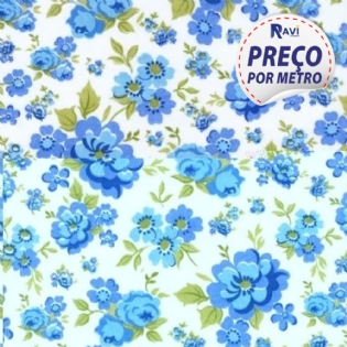TECIDO TRICOLINE ESTAMPADA 100% ALGODÃO FLORAL AMANDA AZUL 2017 V02