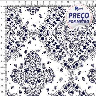 TECIDO TRICOLINE ESTAMPADA 100% ALGODÃO BANDANA BRANCO COM MARINHO D2272 V63