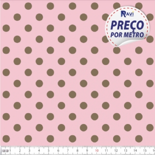 TECIDO TRICOLINE ESTAMPADA 100% ALGODÃO BOLA POÁ GRANDE ROSA BEBÊ COM MARROM D1554 V084