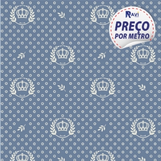 TECIDO TRICOLINE ESTAMPADA 100% ALGODÃO COROA AZUL VELHO COM BRANCO D1169 V131