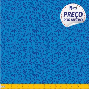 TECIDO TRICOLINE ESTAMPADA 100% ALGODÃO FLORAL GALHOS AZUL CELESTE COM MARINHO D1261 V096
