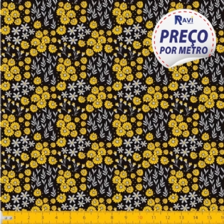 TECIDO TRICOLINE ESTAMPADA 100% ALGODÃO FLORAL PRETO D2016 V012