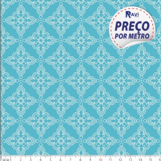 TECIDO TRICOLINE ESTAMPADA 100% ALGODÃO NOVA COLEÇÃO GEOMÉTRICO AZUL COM PEROLA L D1335 V168