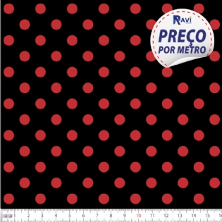 TECIDO TRICOLINE ESTAMPADA 100% ALGODÃO BOLA POÁ GRANDE PRETO COM VERMELHO D1554 V012