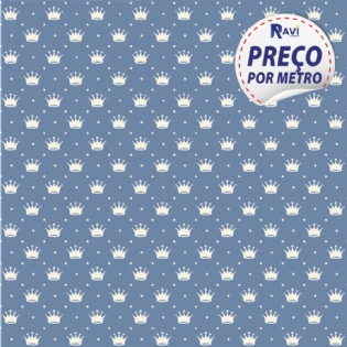TECIDO TRICOLINE ESTAMPADA 100% ALGODÃO COROA PEQUENA AZUL VELHO COM BRANCO D1143 V131