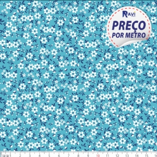 TECIDO TRICOLINE ESTAMPADA 100% ALGODÃO NOVA COLEÇÃO FLORAL MARINHO/PÉROLA FUNDO TURQUESA D2010 V020