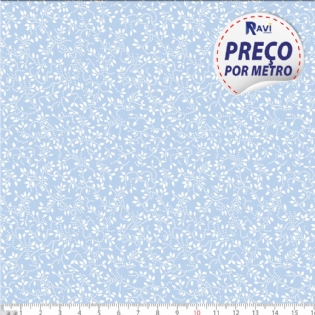 TECIDO TRICOLINE ESTAMPADA 100% ALGODÃO FLORAL BRANCO FUNDO AZUL BEBÊ D1047 V082