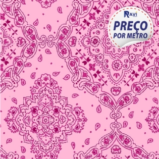 TECIDO TRICOLINE ESTAMPADA 100% ALGODÃO BANDANA ROSA COM PINK D2272 V16