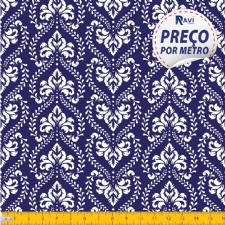 TECIDO TRICOLINE ESTAMPADA 100% ALGODÃO GEOMÉTRICO MARINHO COM BRANCO D1227 V605