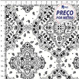 TECIDO TRICOLINE ESTAMPADA 100% ALGODÃO BANDANA BRANCO COM PRETO D2272 V48