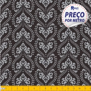 TECIDO TRICOLINE ESTAMPADA 100% ALGODÃO GEOMÉTRICO PRETO COM CINZA D1227 V099