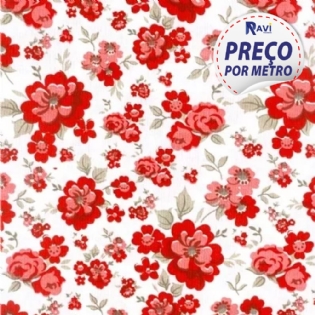 TECIDO TRICOLINE ESTAMPADA 100% ALGODÃO FLORAL AMANDA VERMELHO 2017 V01