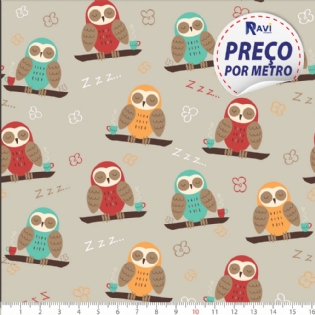 TECIDO TRICOLINE ESTAMPADA 100% ALGODÃO NOVA COLEÇÃO CORUJA SONOLENTA BEGE D7128 V02
