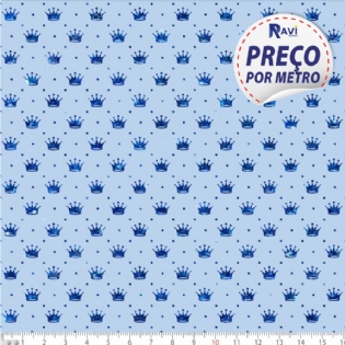TECIDO TRICOLINE ESTAMPADA 100% ALGODÃO COROA PEQUENA AZUL COM AZUL BEBE D1143 V001
