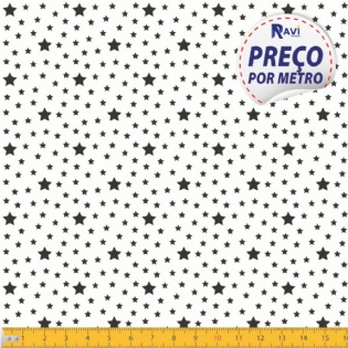 TECIDO TRICOLINE ESTAMPADA 100% ALGODÃO ESTRELA BRANCO COM PRETO D1229 V103