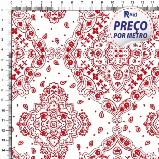 TECIDO TRICOLINE ESTAMPADA 100% ALGODÃO BANDANA BRANCO COM VERMELHO D2272 V59