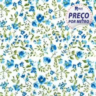 TECIDO TRICOLINE ESTAMPADA 100% ALGODÃO FLORAL SACRAMENTO AZUL V02