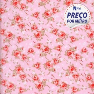 TECIDO TRICOLINE ESTAMPADA 100% ALGODÃO FLORAL MIOSÓTIS ROSA COM VERMELHO V02