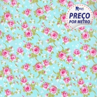 TECIDO TRICOLINE ESTAMPADA 100% ALGODÃO FLORAL MIOSÓTIS ROSA COM VERDE V01