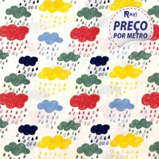 TECIDO TRICOLINE ESTAMPADA 100% ALGODÃO NOVA COLEÇÃO NUVEM COLORIDA FUNDO BRANCO D3805 V02