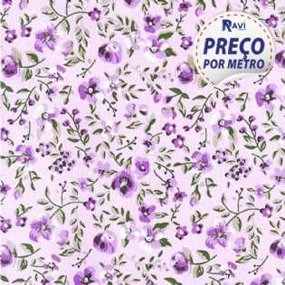 TECIDO TRICOLINE ESTAMPADA 100% ALGODÃO FLORAL SACRAMENTO LILÁS V03