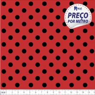 TECIDO TRICOLINE ESTAMPADA 100% ALGODÃO BOLA POÁ GRANDE VERMELHO COM PRETO D1554 V011