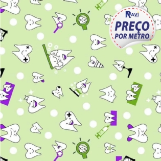 TECIDO TRICOLINE ESTAMPADA 2 100% ALGODÃO NOVA COLEÇÃO TEKSANA DENTISTA DENTES ESCOVA VERDE D2924