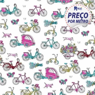 TECIDO TRICOLINE ESTAMPADA 2 100% ALGODÃO NOVA COLEÇÃO TEKSANA BICICLETAS FUNDO BRANCO D2951