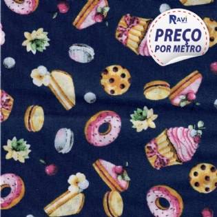TRICOLINE ESTAMPADA MISTA DOCES (CUPCAKE/BOLO/DONUTS) FUNDO MARINHO